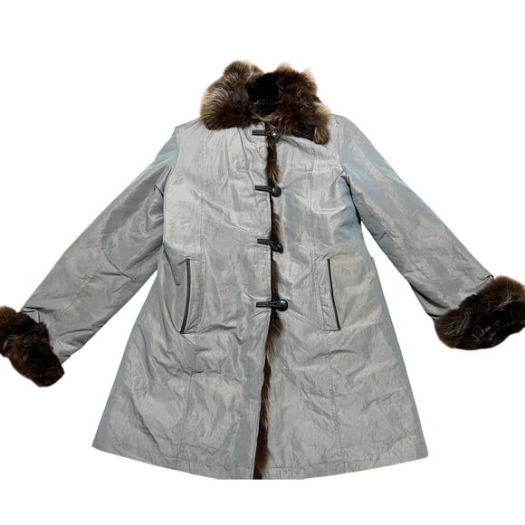 Vintage Pennylane Fur Trim Coat Gray Brown Toggle Button Closure Lined Outerwear - Picture 1 of 8
